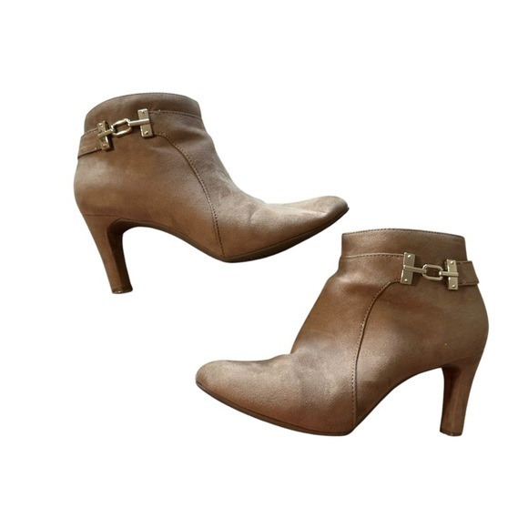 Bandolino Shoes - Bandolino Brown and Gold Ankle Booties with Buckle Detail